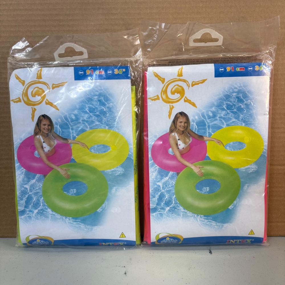 Intex Neon Frost Inflatable Swim Tube 36 Inch Pool Ring 59262NP Yellow Green 2pk